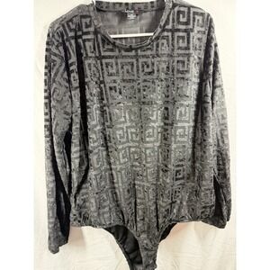 Love Bodysuit 4X Plus Size Black Greek Key Burnout Velvet Sheer Mesh Long Sleeve